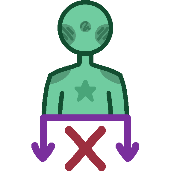 A nondescript green person with a star on their chest is positioned above a purple line which has downward-pointing arrows at both ends. Underneath the purple line in between these two arrows is a red X mark.